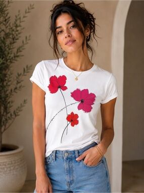 Carolina Herrera White Floral Graphic Tee - Women's Casual Top